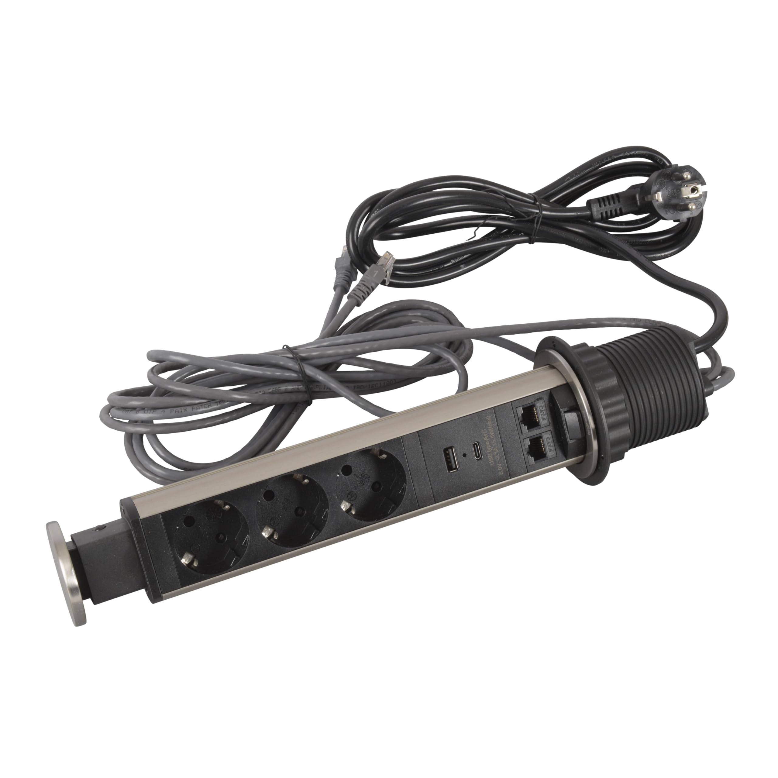 LEGRAND, Incara Tower 60 654975 Prise encastrable avec système de levage 2 x USB (A+C), 2 x prises de données FTP Cat. 6 RJ 45, 3 x prises, 2 fiches P+E, 60 mm de diamètre, profondeur d'encastrement :