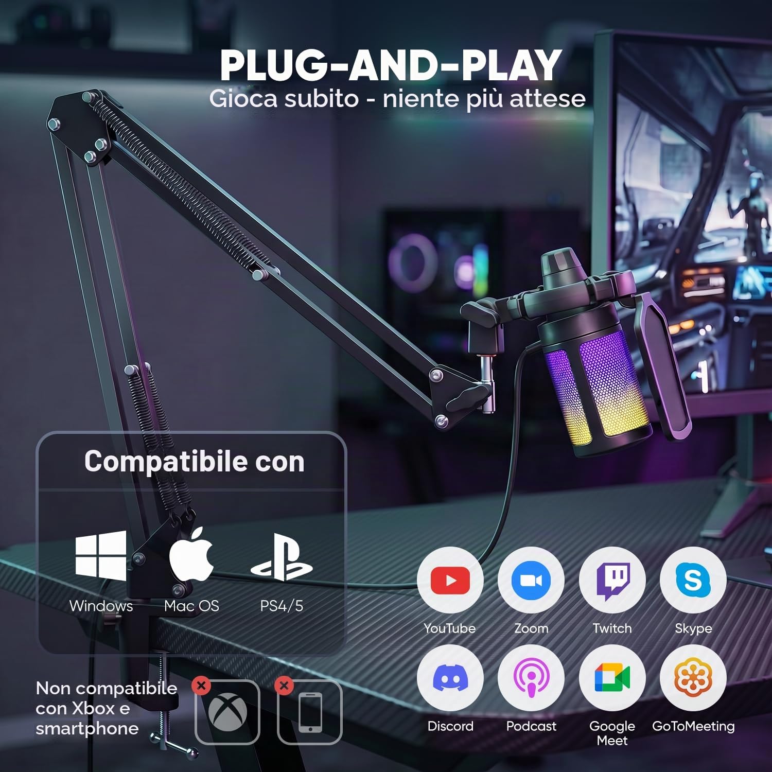 FIFINE USB Typ-A/C Microfono PC PS4 PS5, Gaming Micrófono a Condensatore per Streaming Podcasting, RGB Microfoni da Tavolo con Pulsante di Silenziamento