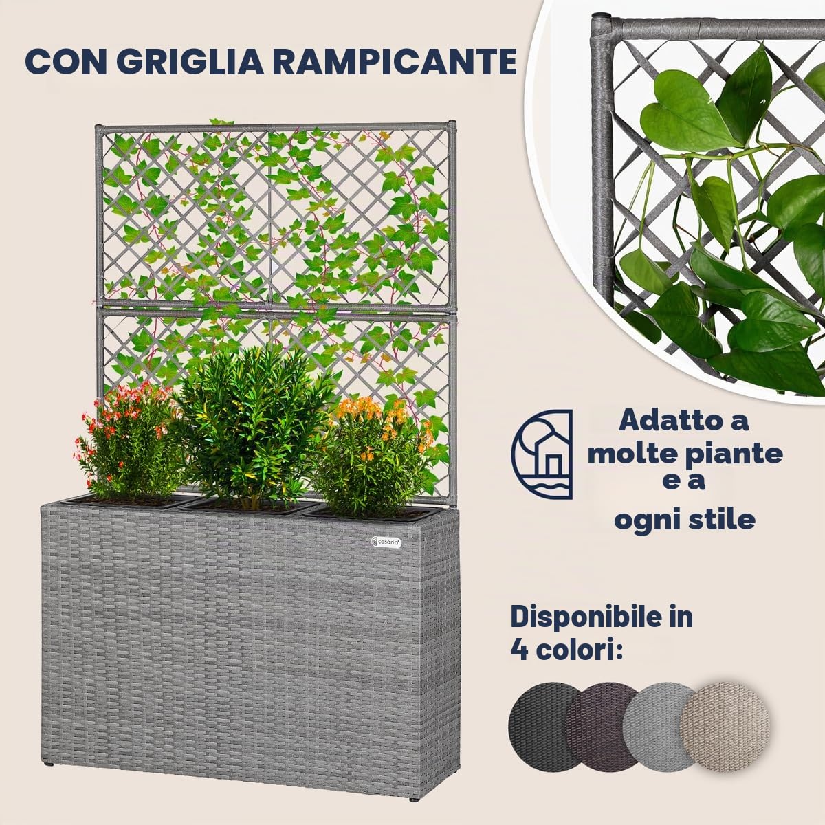 Casaria Fioriera a Traliccio 3 Vasi | Polyrattan, Aiuto Arrampicata, per Piante Rampicanti, Vasi interni removibili, Scarico dell'Acqua Richiudibile
