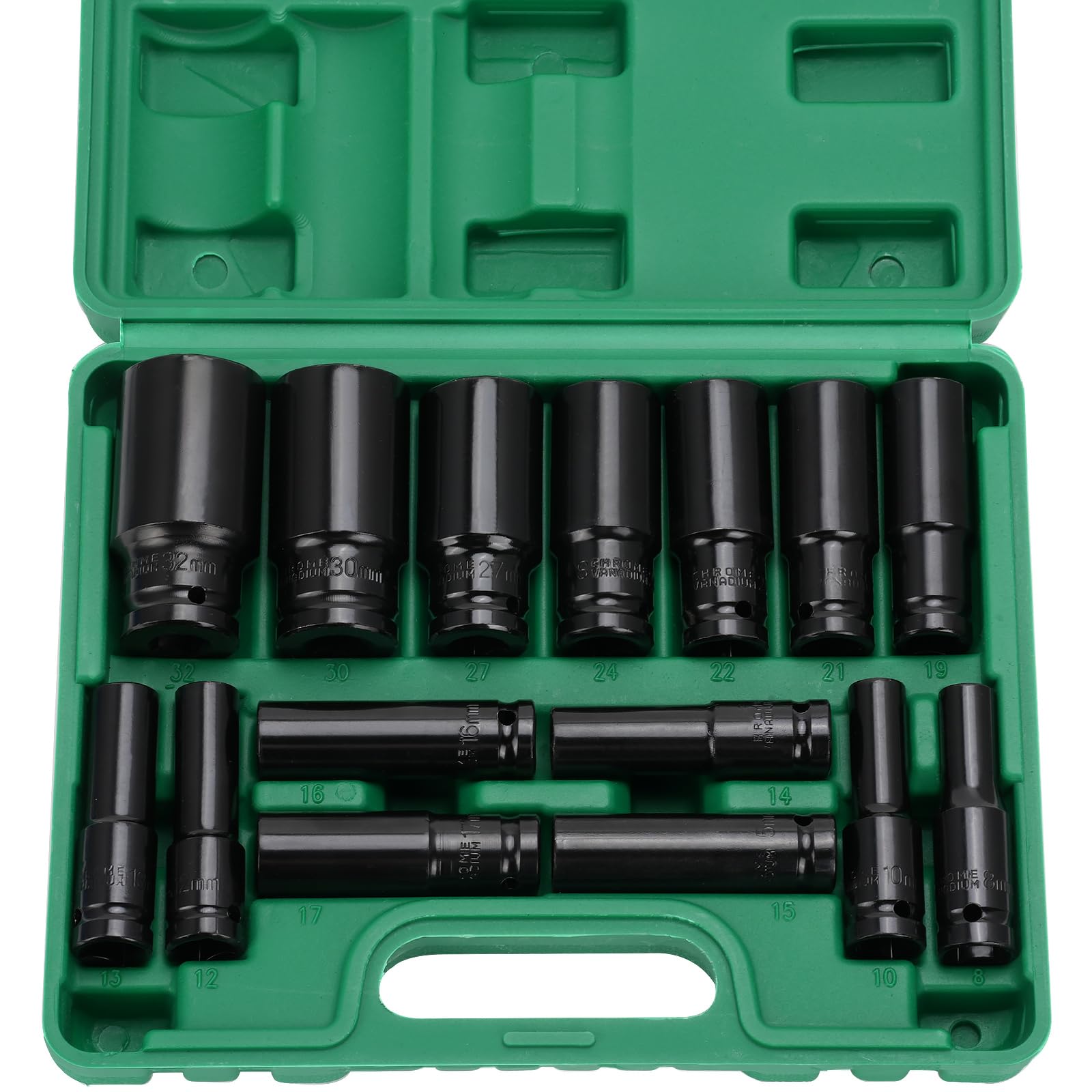 Juego de 15 piezas Llaves de Vaso Impacto 1/2", CR-V Métricos 8-32mm Vasos de Impacto Largos, Juego de Llaves de Vaso Hexagonales, Vasos Impacto Set, para de Coches Cambio Neumáticos