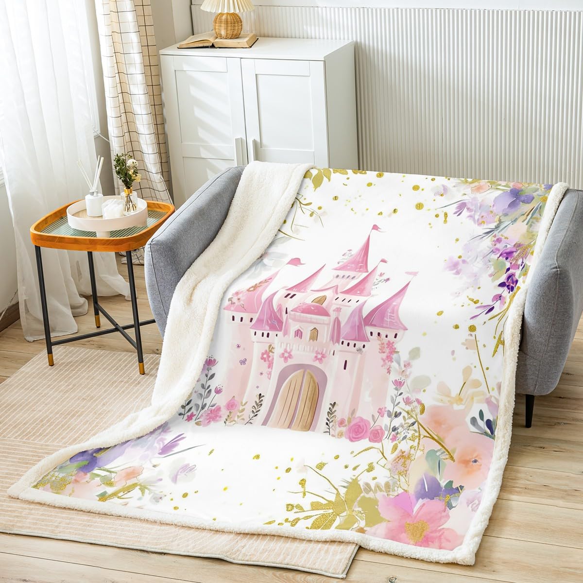 Manfei Pink Castle Kids Throw Blanket Watercolor Flower Bed Blanket for Girls Princess Adults, Fairy Tale Garden Floral Blanket for Couch Sofa, Soft and Breathable (30 x 40 Inches) โ image 1