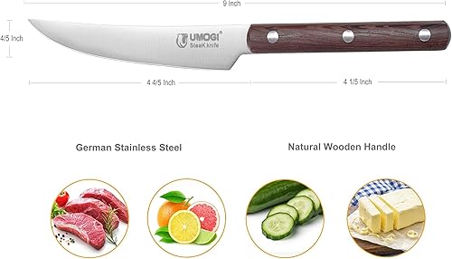 Miniatura 6 de Juego de 8 cuchillos de carne de alta calidad en caja de regalo, mango de madera de wengué de espiga completa, acero inoxidable alemán HC, borde