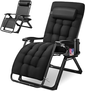 Spurgehom Padded Zero Gravity Chair, Folding Portable Reclining Lawn Chair, Patio Recliner Lounge Chaise with Detachable Cushion,Cup Holder,Headrest for Outdoor/Indoor,Support to 500lbs, Black Cushion
