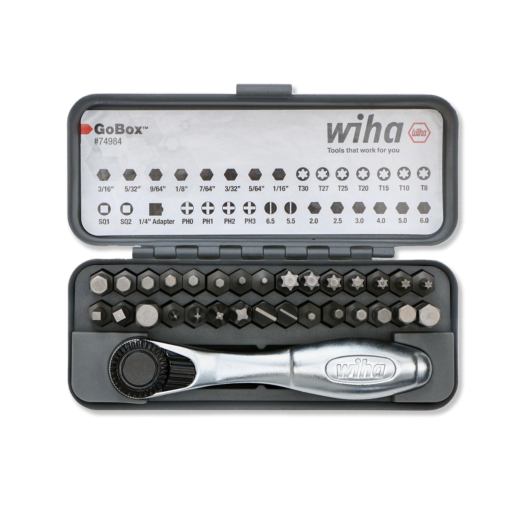 Wiha 74984 Standard Screwdriver Bit Set with Mini Ratchet, 32 Piece