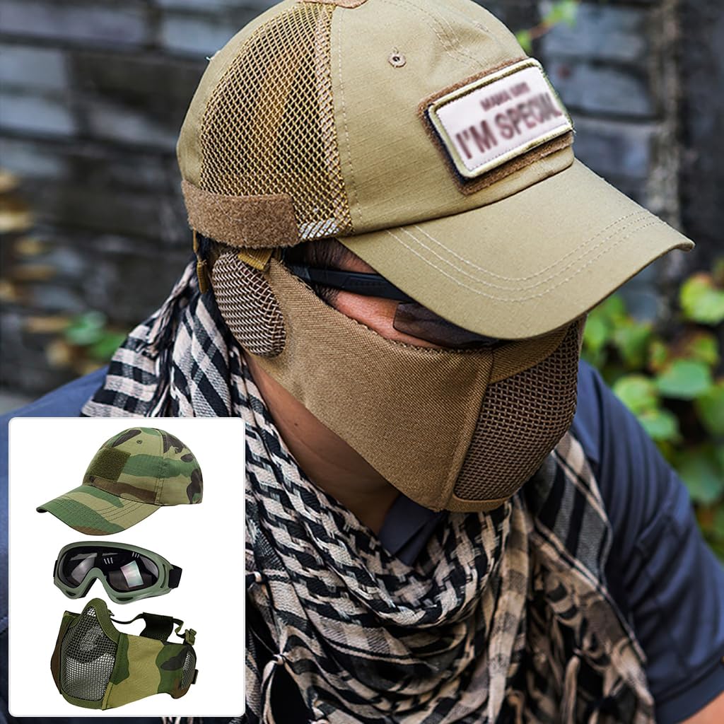 Juego de 3 máscaras tácticas de Airsoft para béisbol,máscara de Malla de Media Cara Ajustable con protección para los oídos,Gafas Anti UV,Gafas de Airsoft para Aire Libre