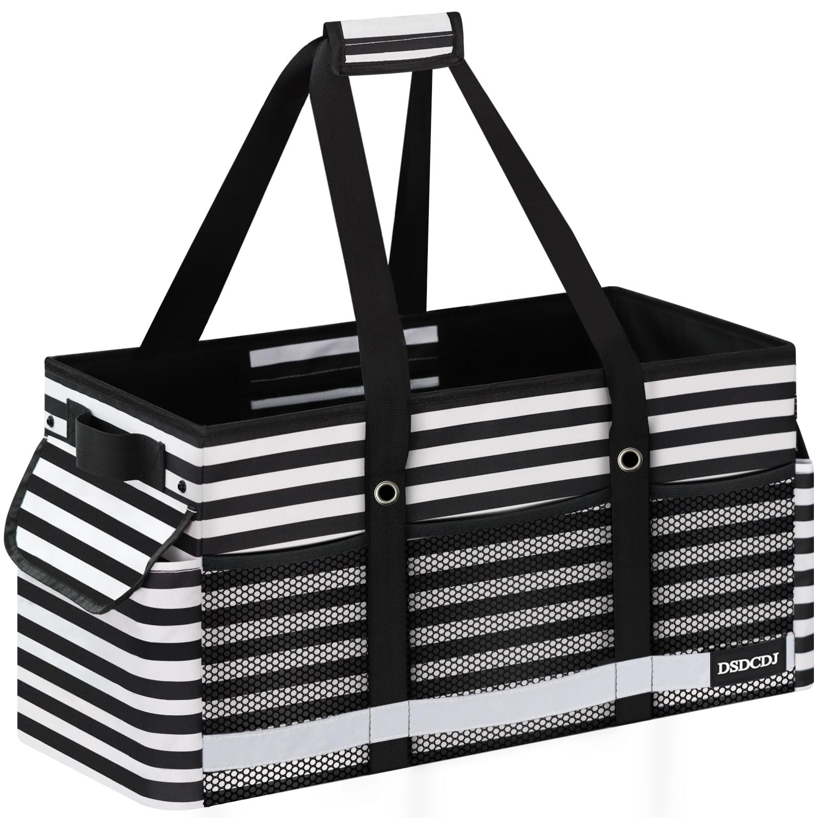 DSDCDJ Extra Large Utility Tote Bag with Reflective Strip, Standing Reusable Grocery Bags with Hard Bottom, Collapsible Utility Tote with Handles for