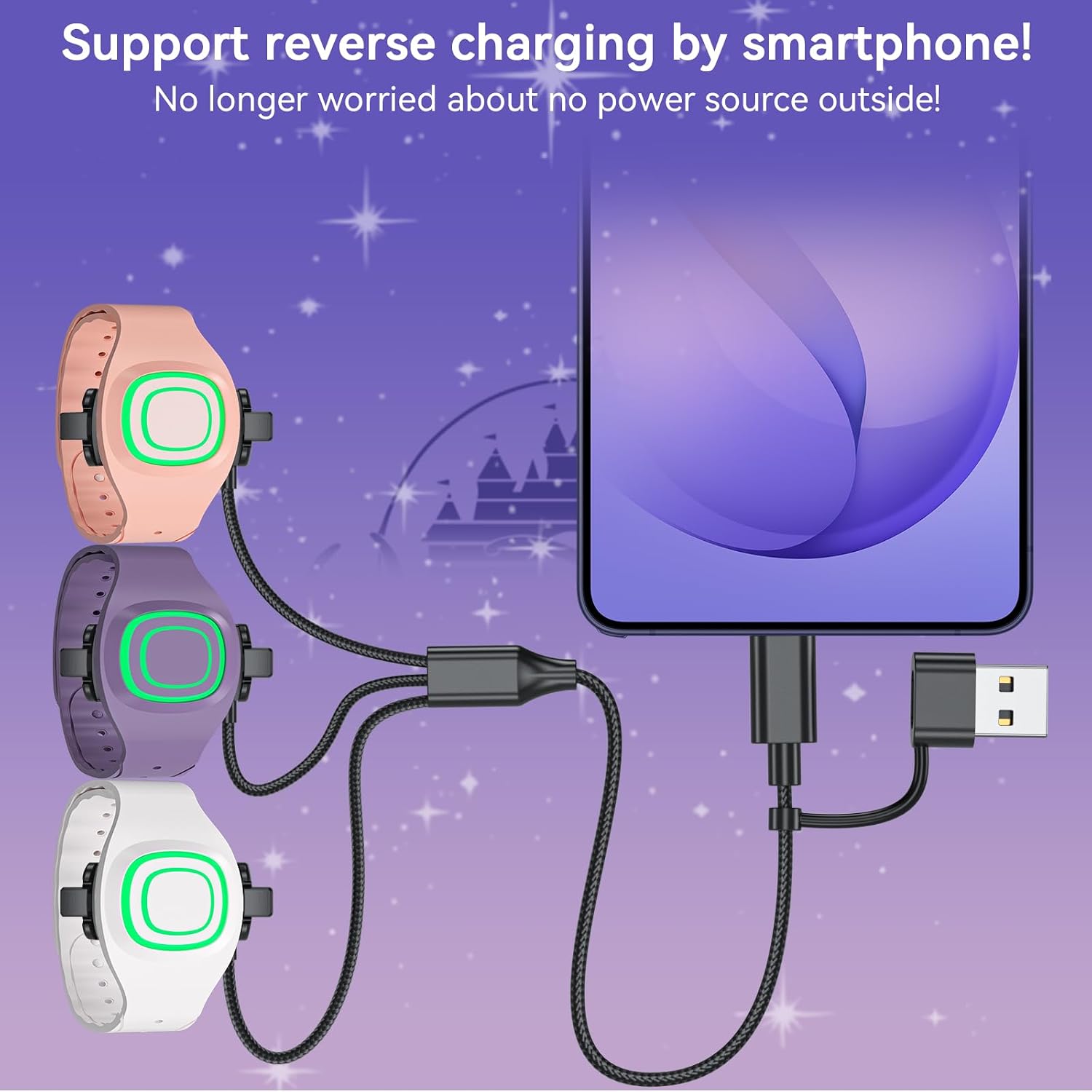 ottpluscase 3-in-1 Charger Compatible with MagicBand+, USB-C and USB-A Charging Cable Replacement for Magic Band Plus Watch, Disney-Essentials Travel Accessories
