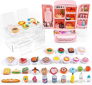 95 Pcs Dollhouse Refrigerator Mini Fridge Table Dining Car Toy with Food Set Kitchen Furniture Miniatures Party Fruits Juice Milk Desserts for Children Drink Cake Pretend Play Game Fake Ice Cubes