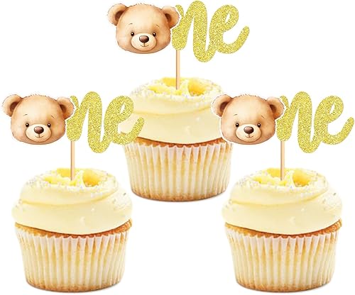 Cyodoos 36 piezas de decoración de oso para cupcakes con purpurina, oso con purpurina, decoración de pastel de primer cumpleaños, baby shower,