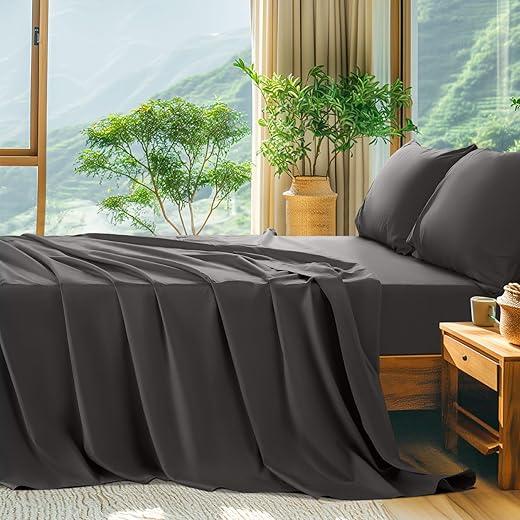SONORO KATE Bed Sheet Set Bamboo Sheets Deep Pockets 16" Eco Friendly Wrinkle Free Sheets Hotel Bedding Machine Washable Silky Soft - 6 Piece (Dark Grey, King)