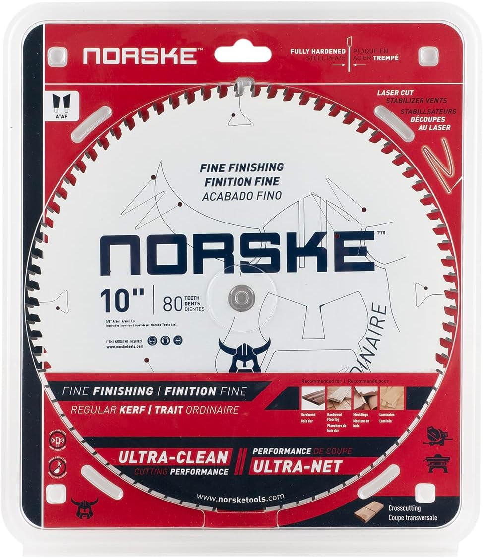 Norske Tools NCSBT027 10" x 80T Regular Kerf Fine Finishing Blade Designed for Plywood, Hardwood, MDF, Pine, Melamine and Expensive Woods with Miminal Waste