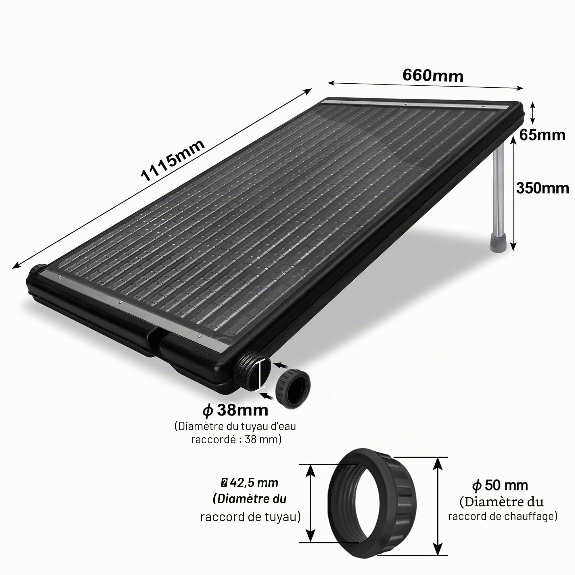 NAIZY Chauffage solaire de piscine - Panneau solaire - 111 x 66 x 6 cm - Système d'eau chaude avec barre de support et raccord de 5 cm de diamètre - Chauffage solaire pour piscines extérieures