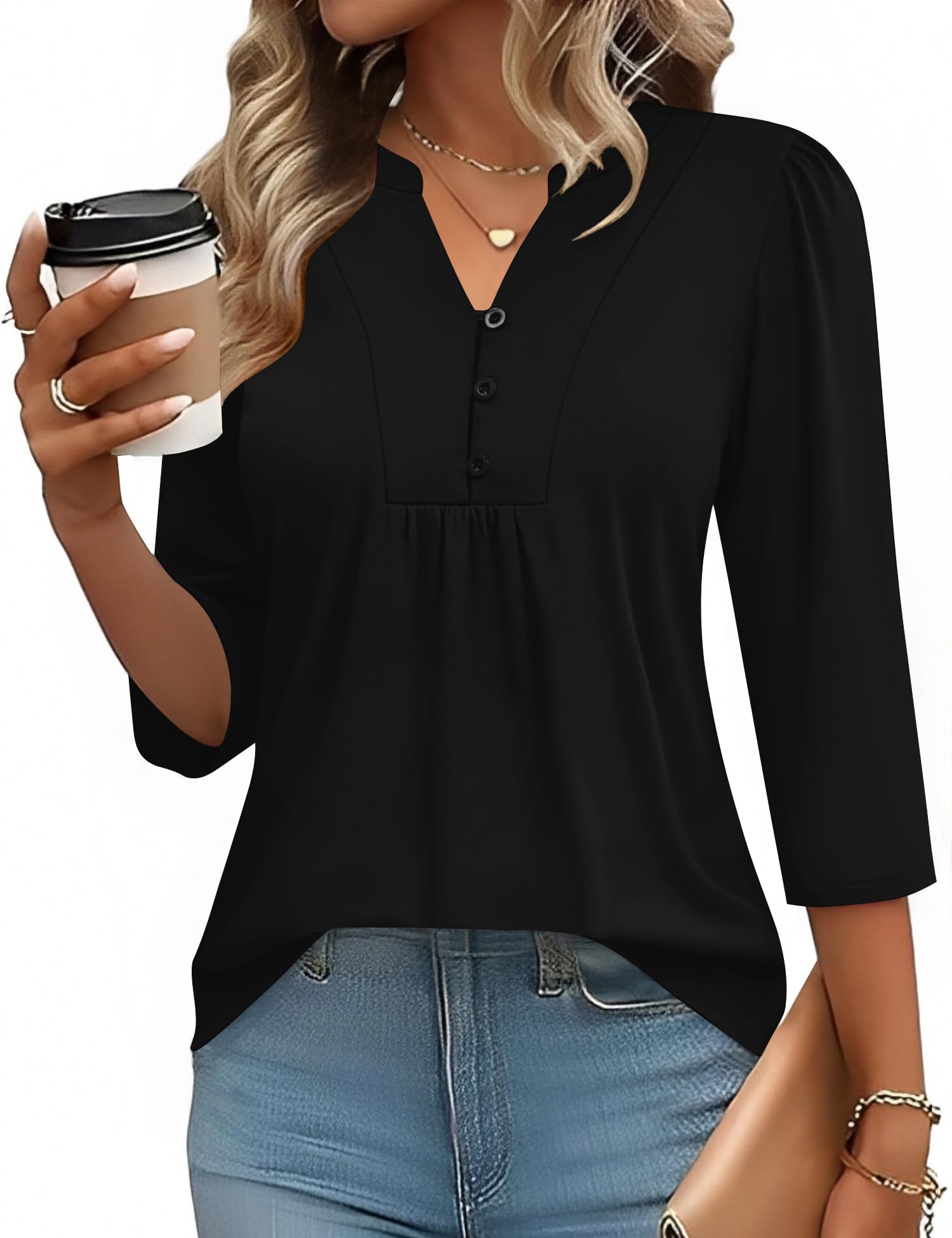 IECCP Bluse Damen 3/4 Arm Shirt V-Ausschnitt Tunika Sommer Tops Lässig Oberteil Elegant T-Shirt Mit Knopfleiste