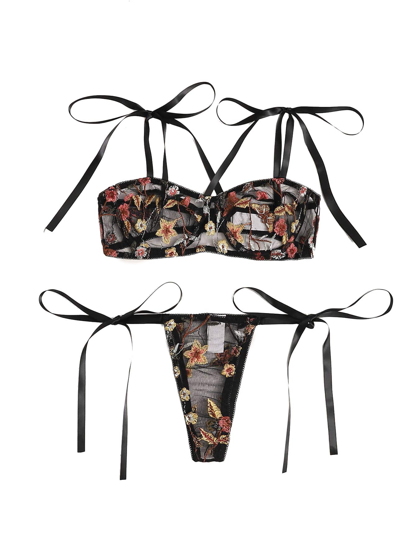SheIn Women's Floral Mesh Underwire Bra Side Tie Panty Set Two Pieces Lingerie Set