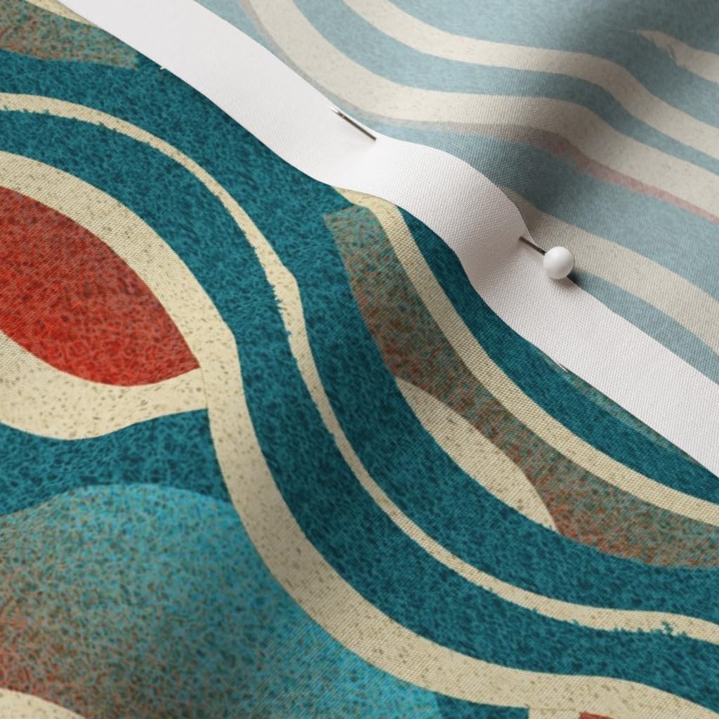 Spoonflower Fabric - Red Sand Blue Turquoise Waves Art Deco Sea Stripes Cream Geometric Printed on Cotton Poplin Fabric by The Yard - Sewing Shirting Quilting Dresses Apparel Crafts
