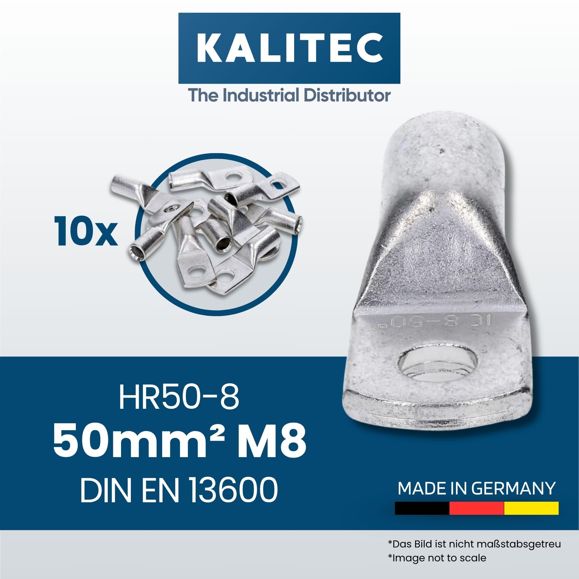 Kalitec 10x Terminales de Cable de Tubo 50 mm² M8, Cobre Estañado DIN EN | Conectores de compresión para crimpadora, resistentes a la corrosión para instalaciones solares, automotriz y eléctrica.