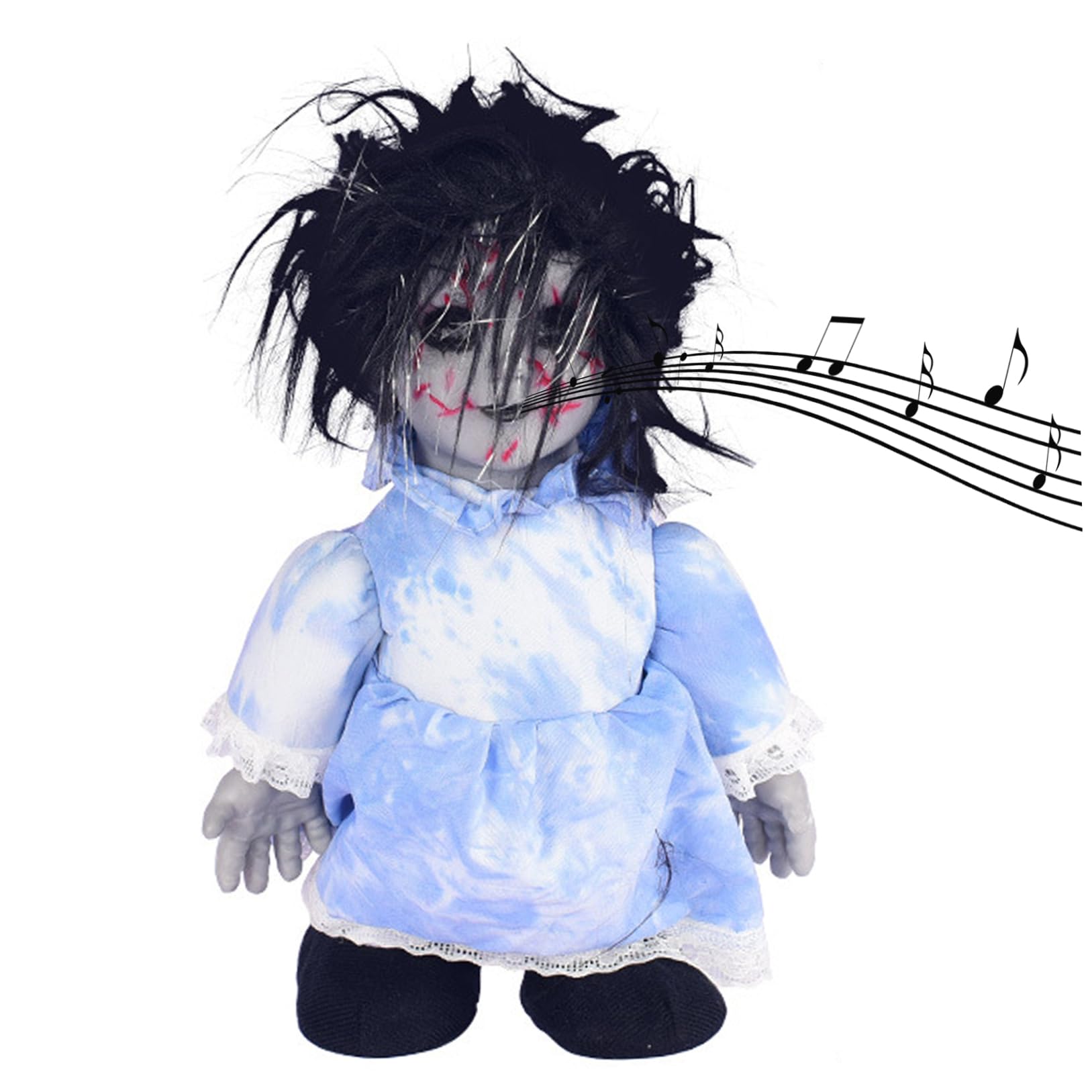 Monwssoe Halloween Decor, Halloween Scary Doll 13.39x7.48inch Voice-activated Battery Powered Creepy Dolls Prop for Party Haunted House, Battery Not Included, Blue