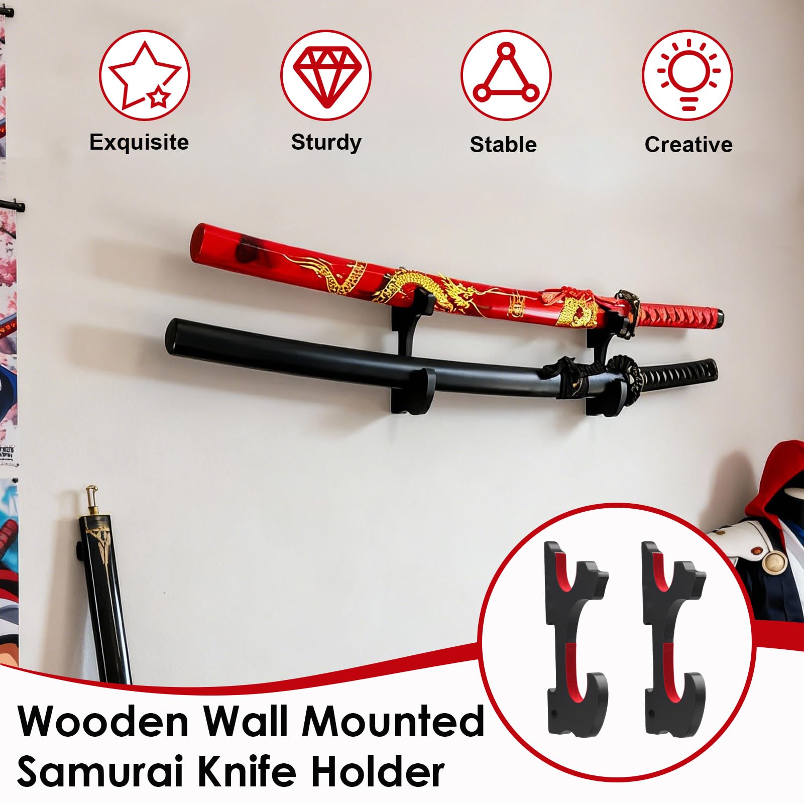 2 soporte katana pared de madera con ganchos acolchados ajustables, Soporte espada pared universal para katana real acero afilada wakizashi, tanto y sable cosplay, soporte de pared para espada samurái