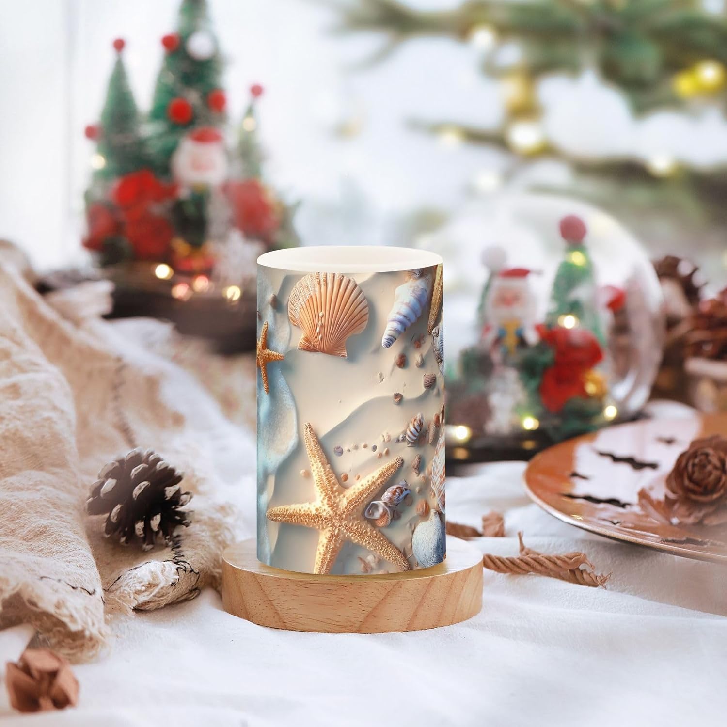 ALAZA Seashell Starfish Beach Sea Wave Flickering Flameless Candles Pillar Led Candles Battery Operated Candles with Remote and Timers Set of 2
