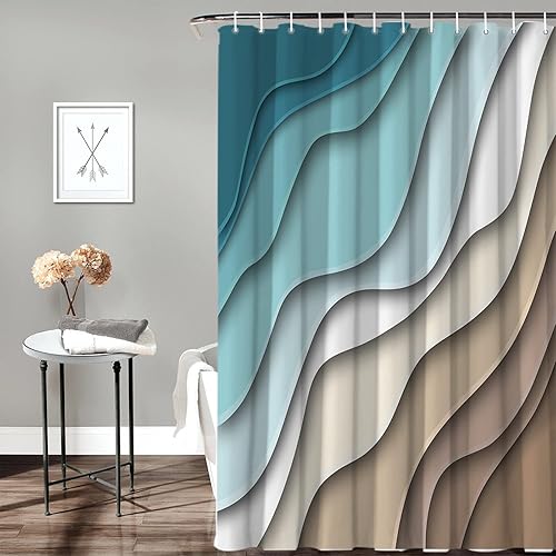 Miniatura 3 de BestLives Cortinas de ducha verde azulado azul moderno geométrico cortina de baño marrón abstracto ola océano impermeable tela de poliéster cortina
