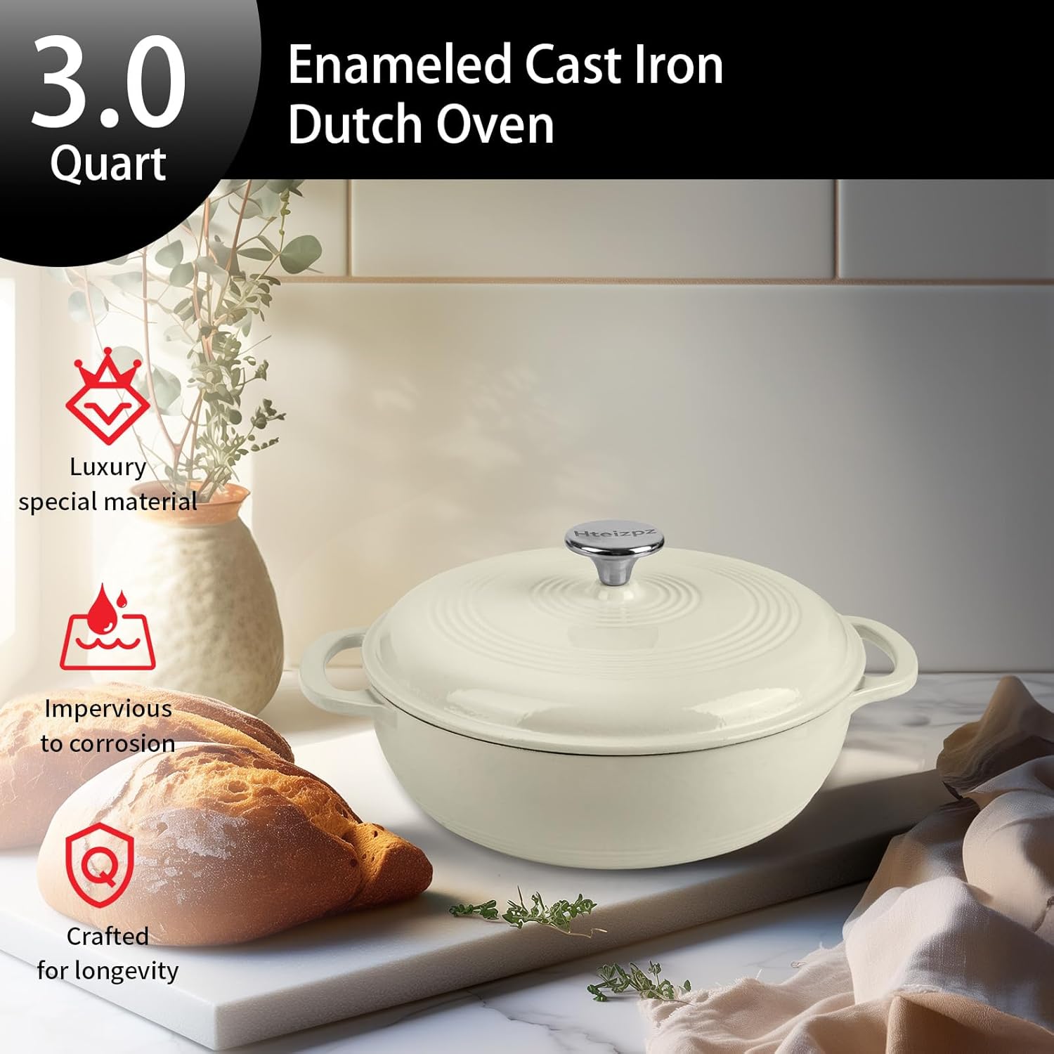 Enameled Cast Iron Braiser, 3 Quart Enameled Cast Iron Skillet with Lid, Oven Safe up to 500° F or on Stovetop, Suitable for Marinate, Cook, Bake, Refrigerate and Serve, White