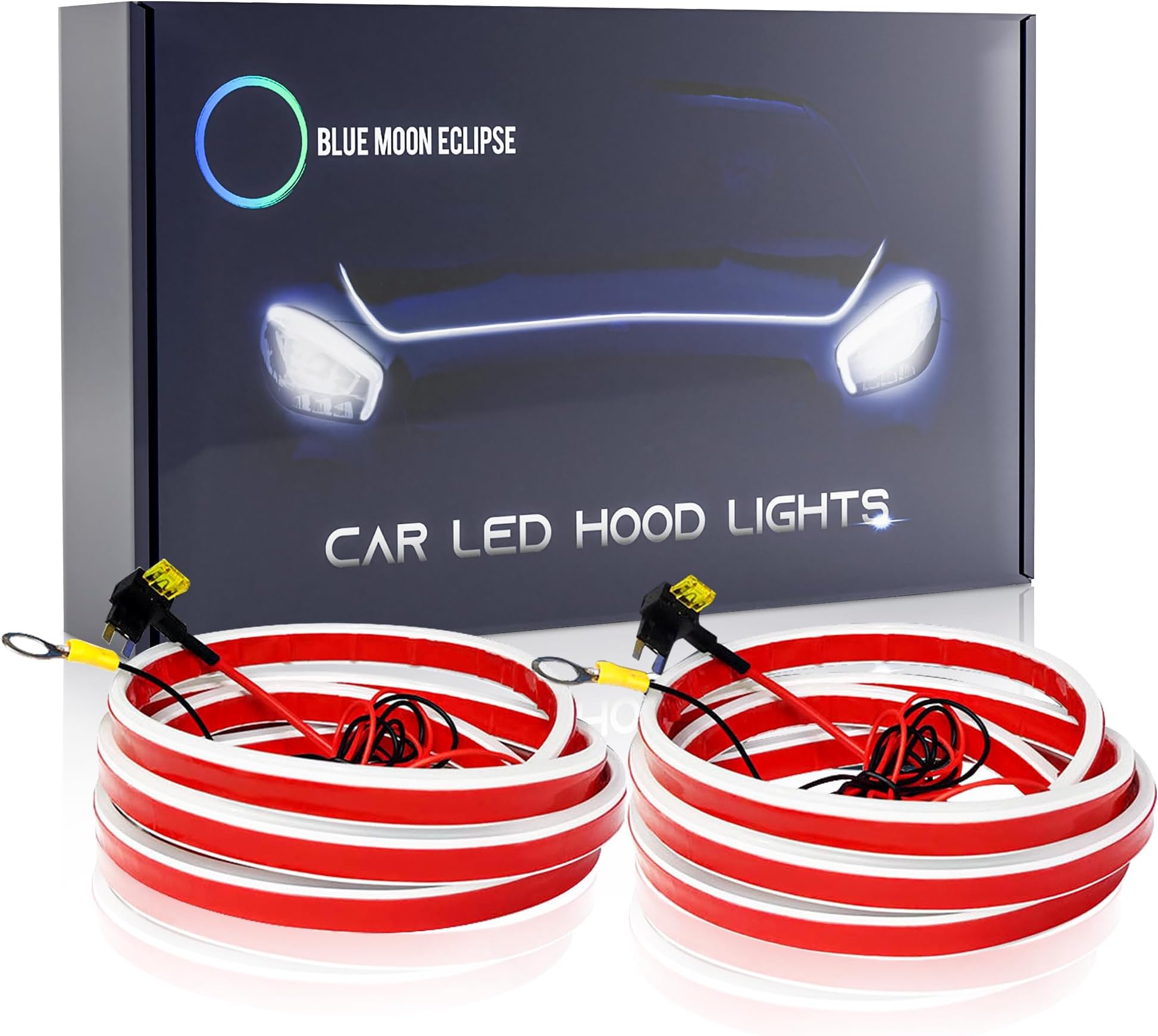 Blue Moon Eclipse 2 Pack 71 inch Car Led Hood Light Strip - Flexible Led Lights for Car That Includes A Mini Fuse Tap & 3/8 Terminal Connector - 12v Exterior Waterproof Daytime Running Lights (White)