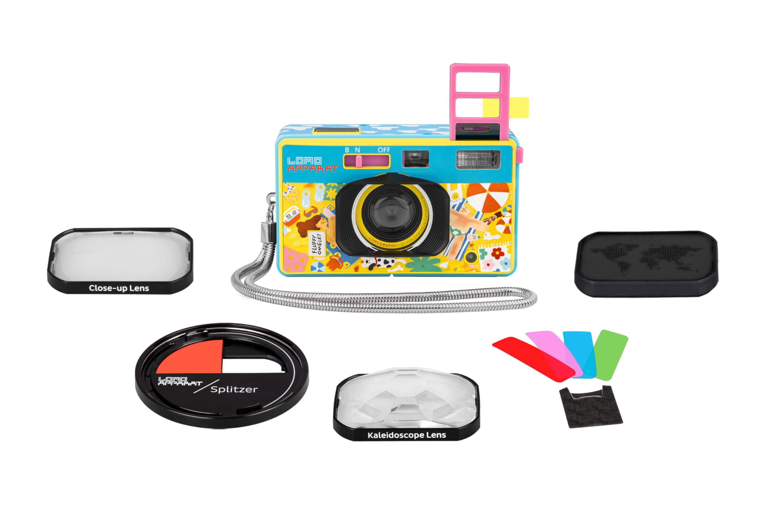 Lomography LomoApparat Appareil photo grand angle 35 mm édition Omelette duveteuse, filtres flash et couleur intégrés, objectif kaléidoscope, objectif gros plan, splitzer, exposition multiple, longue