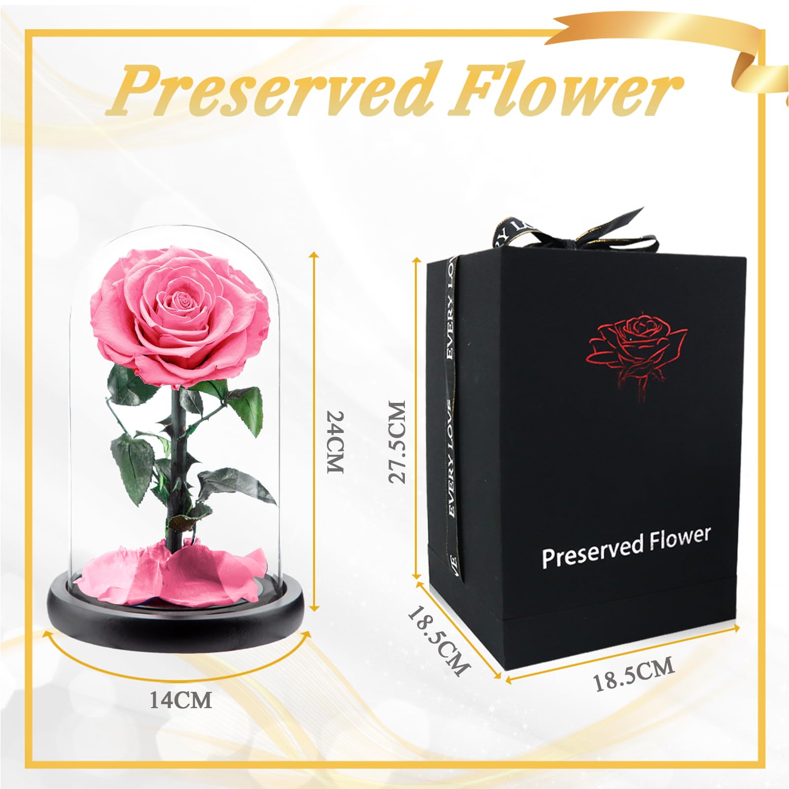 Rosa Stabilizzata Vera in Vetro, Rosa Eterna Realizzati con Rose Vere, Fiori Stabilizzati sotto Vetro a Cupola, Regalo Donna Compleanno, Regalo Mamma, Regalo Fidanzata, Moglie,Rosa