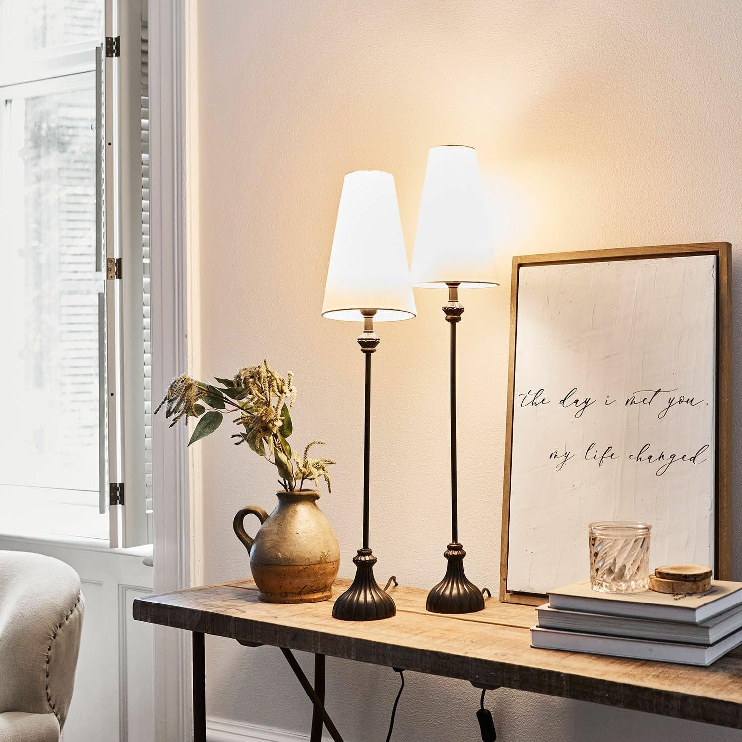 Loberon Tischlampe 2er Set Ambrosse - schwarz/creme | zwei Größen - Hübsch Verschnörkeltes Design - Edler Materialmix - Tischleuchte - Baumwolle - Eisen