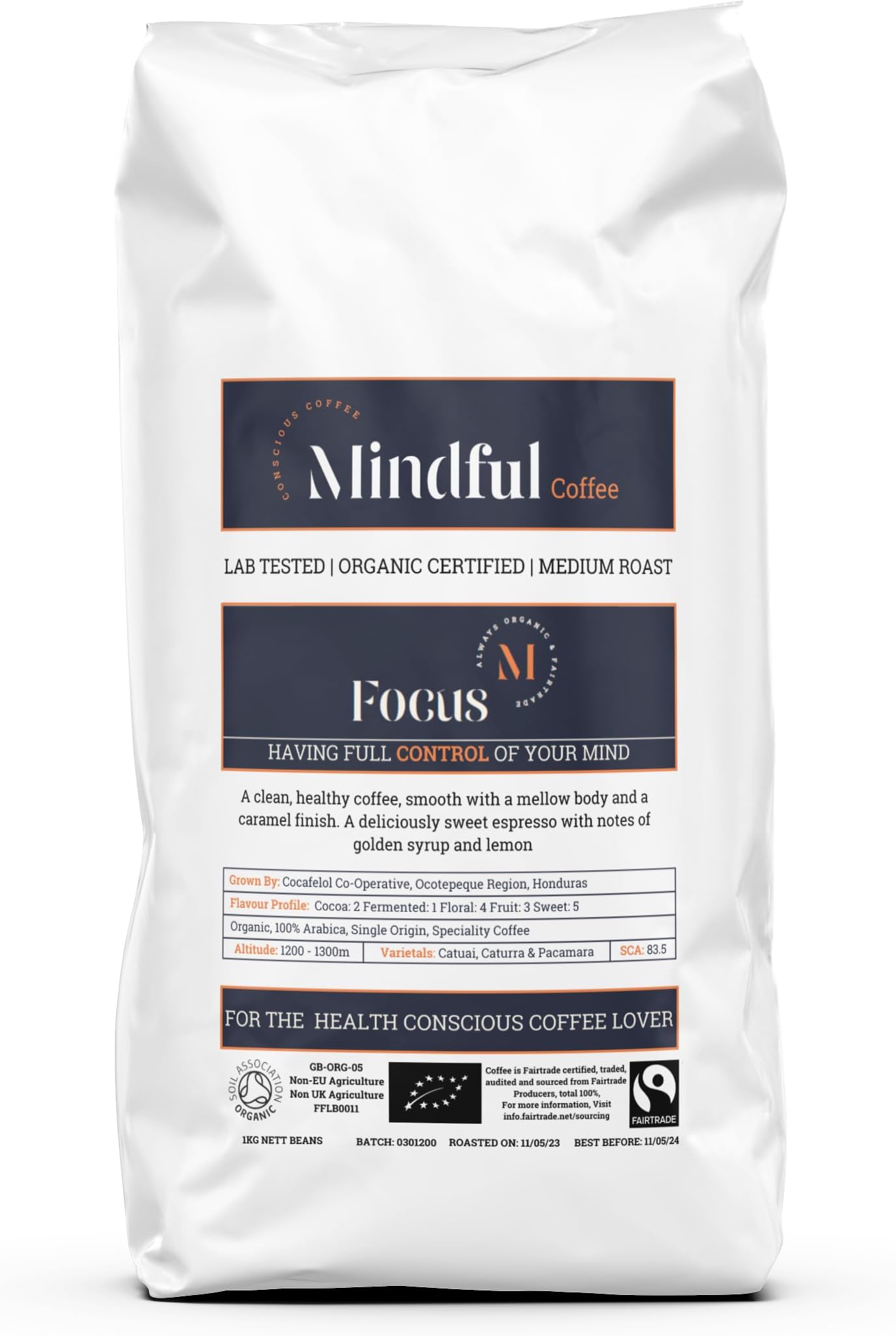 Focus 1kg| Organic Clean Ground Coffee | Lab Tested - Mycotoxin Free| Freshly Roasted |Single Origin Speciality|Espresso Grind