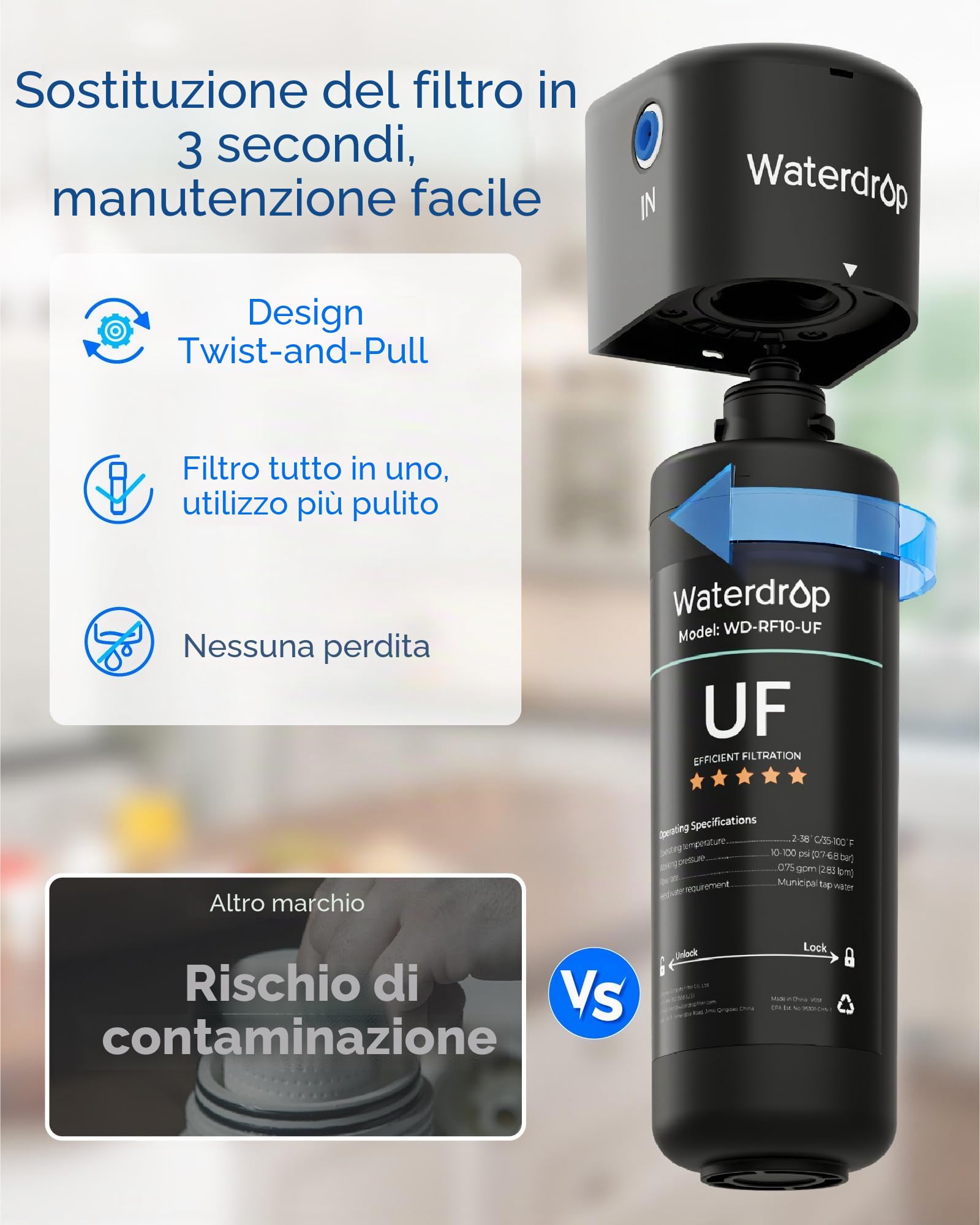 Waterdrop 10UA-UF Filtraggio dell'Acqua Sistema sotto il Lavello, i Filtrazione dell'Acqua ultra da 0,01 Micron, Riduce Cloro, Piombo, Fluoruro, Cattivo Gusto e Odore, Alta Capacità 11000 Galloni