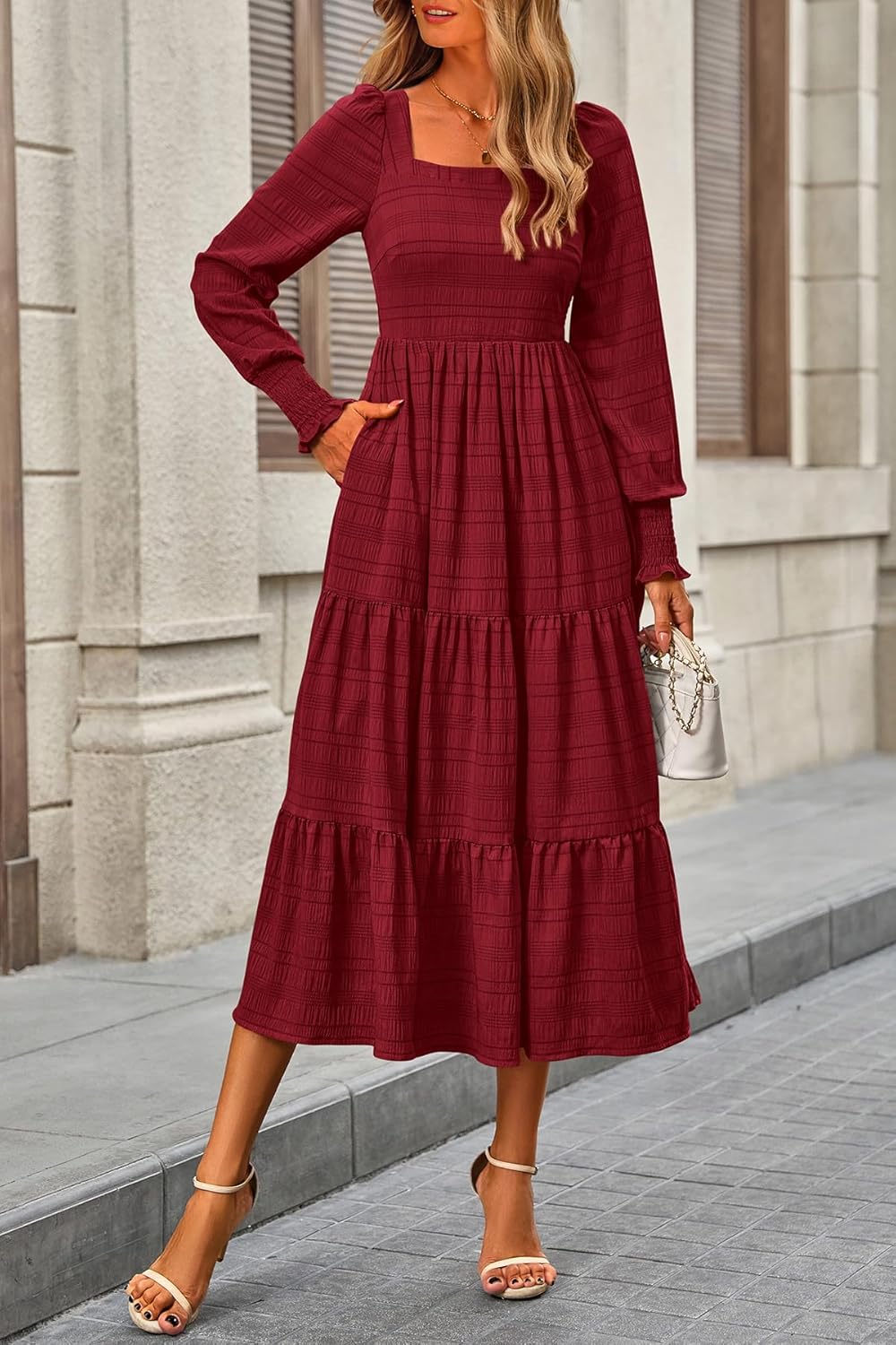 CFLONGE Women's Fall Dresses 2025 Puff Long Sleeve Square Neck Dress High Waist Smocked A-Line Flowy Wedding Party Maxi Dress - Image 7