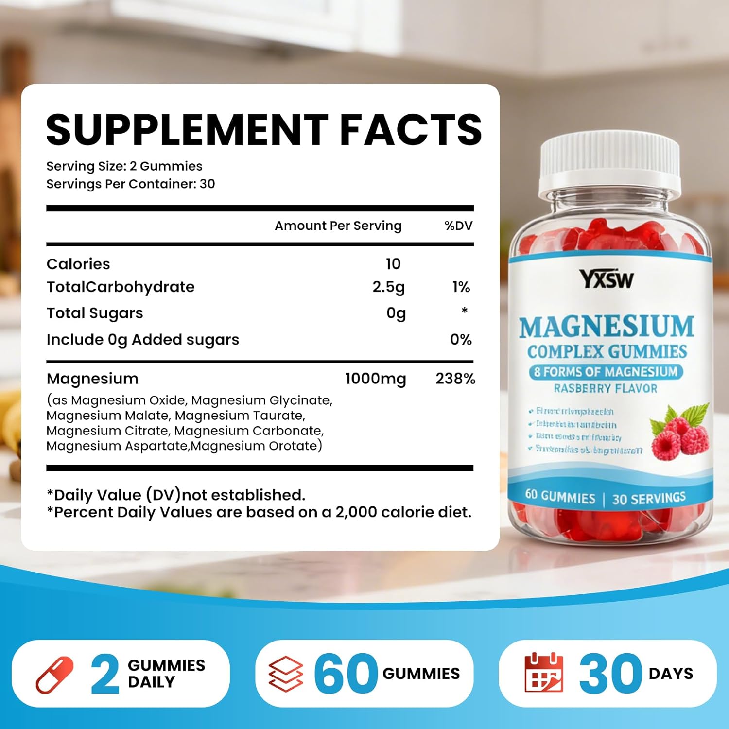 Magnesium Complex Gummies 8 Elemental 1000mg - Magnesium Glycinate, Citrate, Malate, Taurate, for Bones, Muscle, Nerve Health, for Women & Men, Vegan Non-GMO, Raspberry Flavor, 120 Count - Image 2