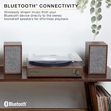 Victrola Harmony Bluetooth Turntable System 3-Speed Vinyl Record Player, Stereo Bookshelf Speakers, Mid-Century Modern Design, Audio Technica ATN3600L, Bluetooth Input and Output (Black)