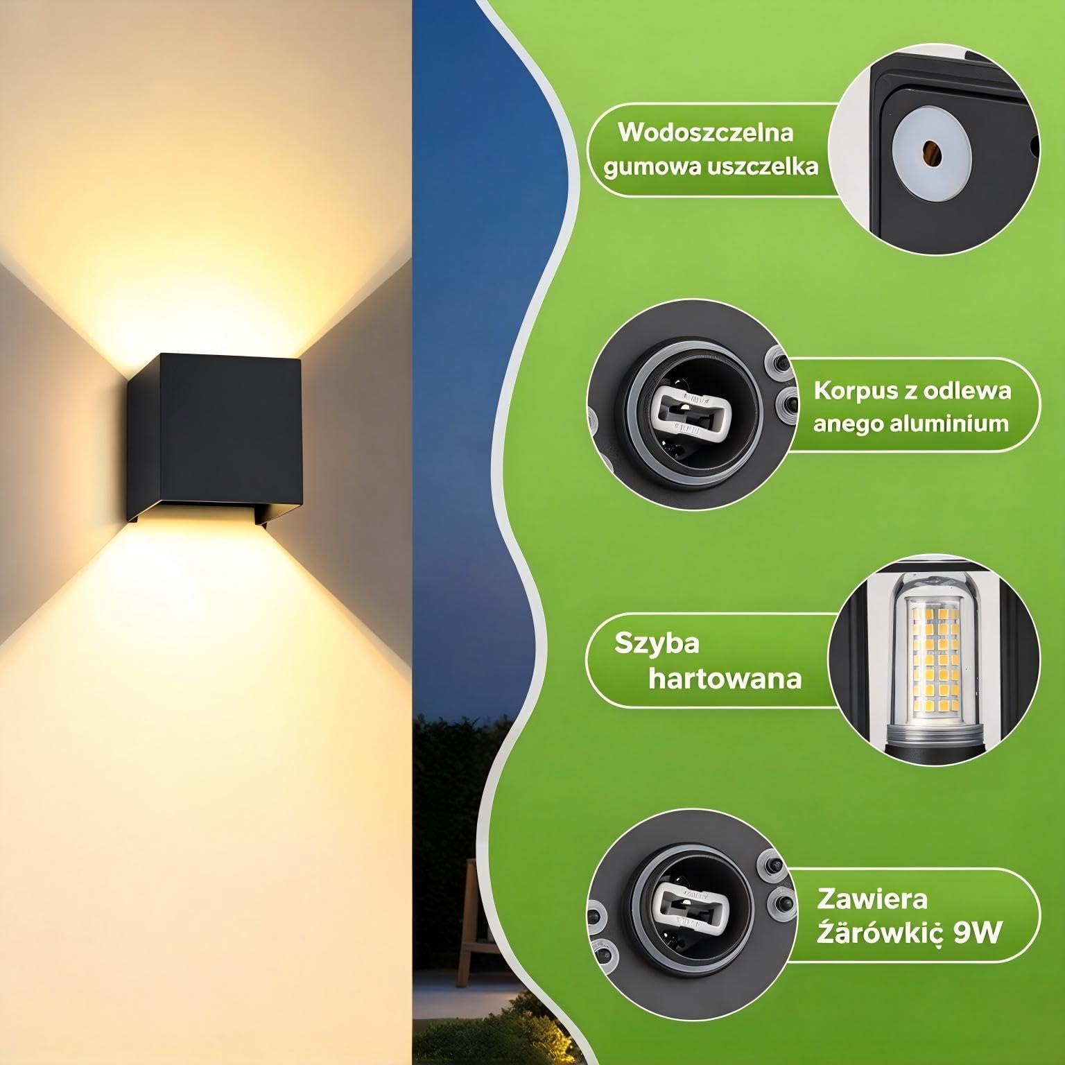 2 sztuki kinkietów zewnętrznych/wewnętrznych, z wymiennymi żarówkami LED G9, stopień ochrony IP65, 3000 K, 9 W,regulowany kąt świecenia, oświetlenie zewnętrzne na balkon, werandę, patio