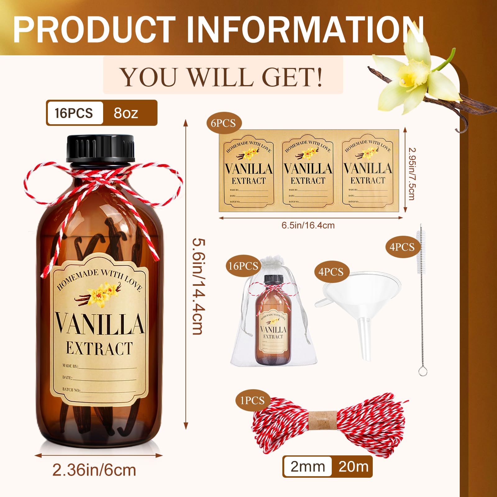 16 botellas de vidrio ámbar de 8 onzas, botellas redondas Boston para extracto de vainilla casera, botellas de extracto de vainilla marrón con tapas para jarabe de regalo, recipiente de almacenamiento