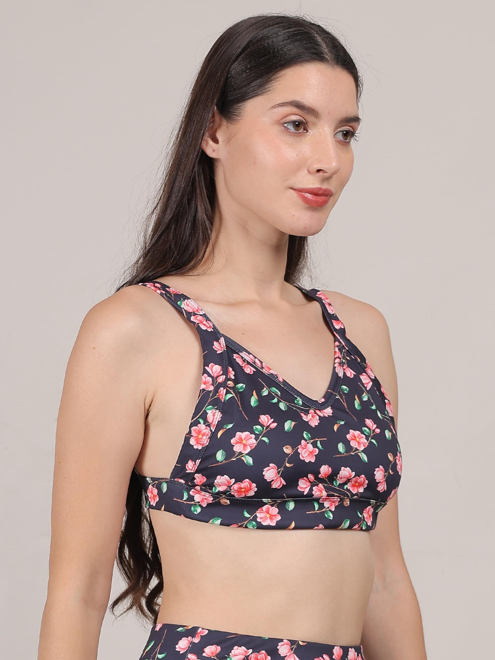 MEGASKA Women Swim Bra Bikini Top Quick Dry Printed Padded Workout Sports Bathing Suit Swimwear Tops_BlackFloralBlack_S Black 2