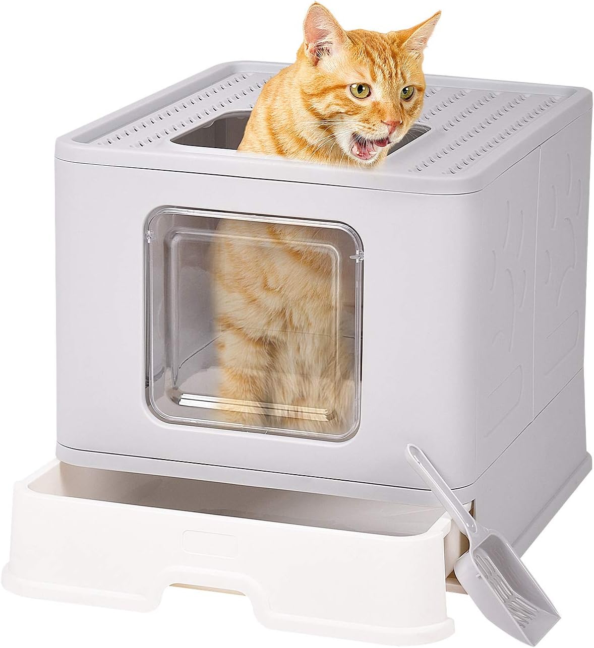 Foldable Cat Litter Box, Kitty Litter Box with Lid, Top Entry Litter Box with Cat Litter Scoop for Pet Cat Reduce Litter Tracking(Gray)