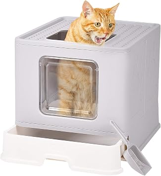 Foldable Cat Litter Box, Kitty Litter Box with Lid, Top Entry Litter Box with Cat Litter Scoop for Pet Cat Reduce Litter TrackingGray