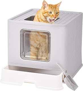MUYEE Foldable Cat Litter Box, Kitty Litter Box with Lid, Top Entry Litter Box with Cat Litter Scoop for Pet Cat Reduce Litter Tracking(Gray)