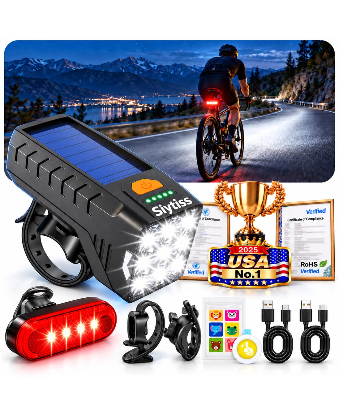 Bike Lights【9-LED System】【Solar+USB Dual –Sun&Fast Charge】【 9-in-1】【IP67】