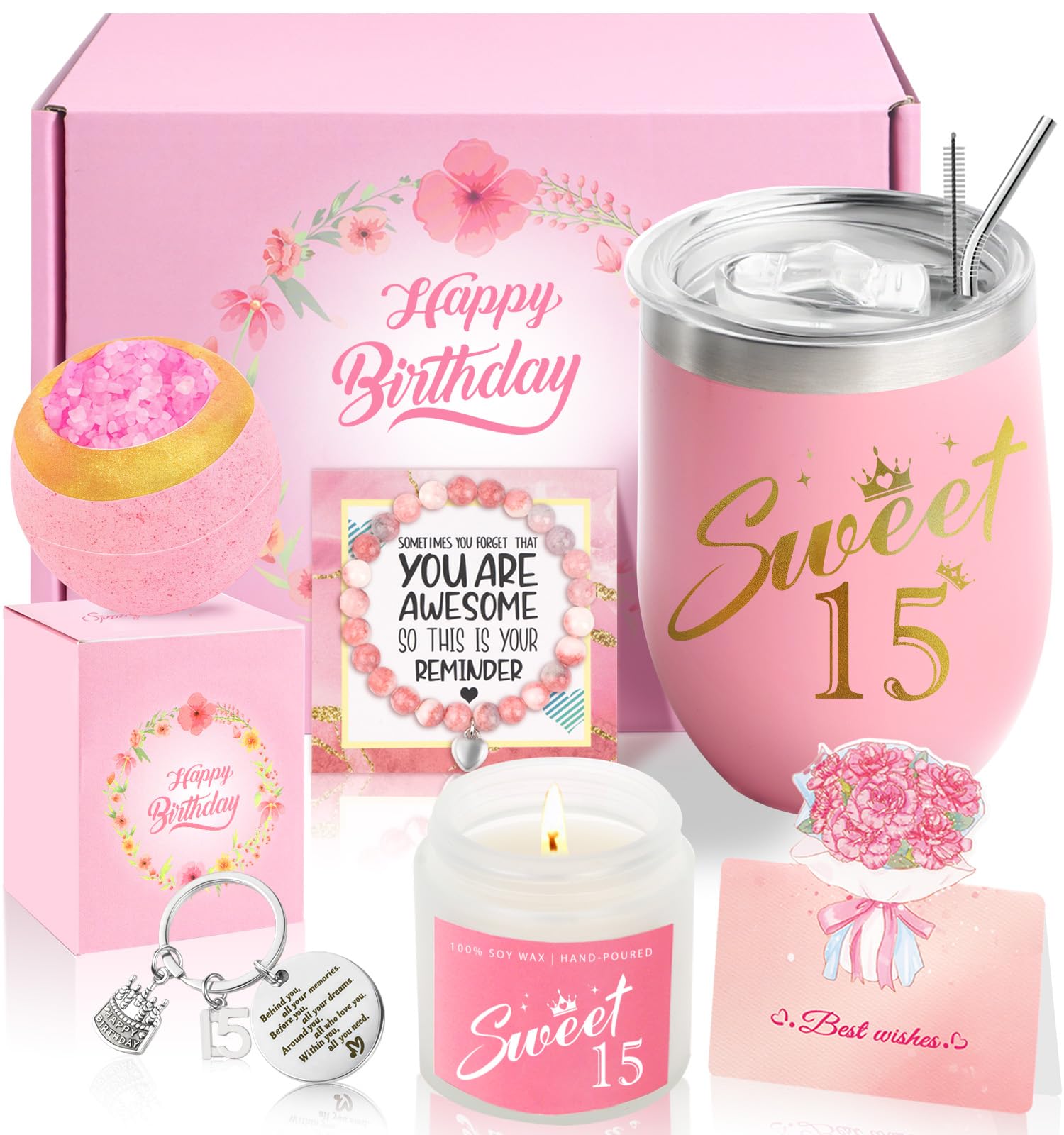 15th Birthday Gifts for Girls, 15 Year Old Girl Gifts, Happy 15th Pamper Birthday Gift Decorations Ideas Set for Daughter, Niece, Granddaughter, Sister Her Teens