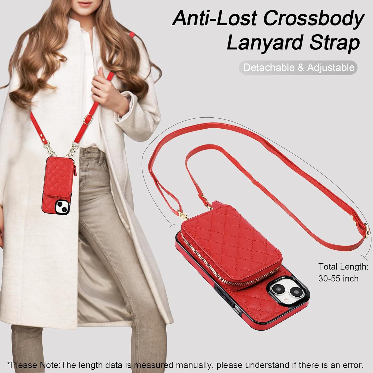 Bocasal Crossbody Wallet Case for iPhone 15, RFID Blocking PU Leather Zipper Handbag Purse Flip Cover, Kickstand Folio Case with Card Slots Holder Wrist Strap Lanyard 5G 6.1 Inch (Red)