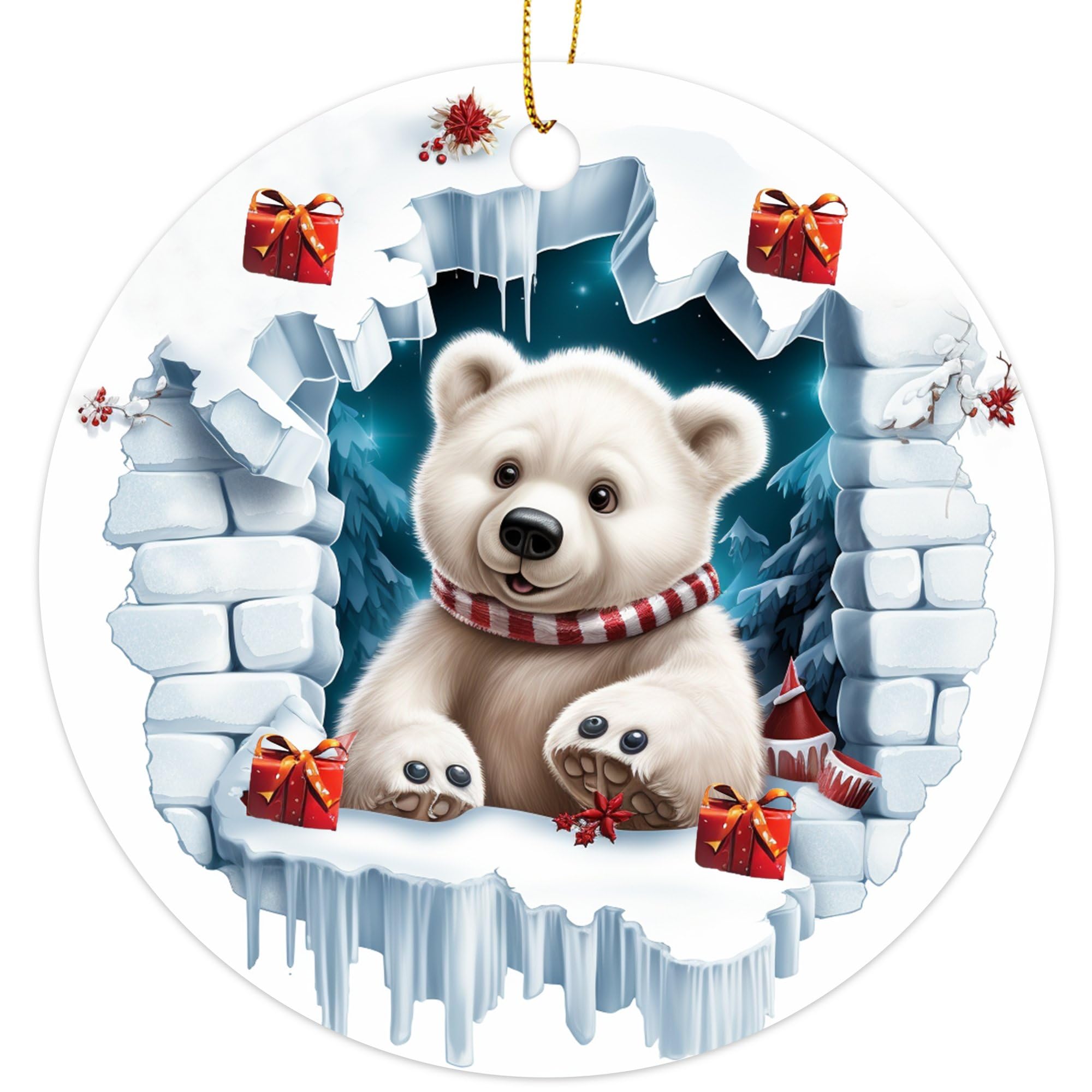 3D Break Through Polar Bear Christmas Ornament - Christmas Oranment - Xmas Tree Decoration - Fun 2023 Christmas Ornament - 3" Round PVC Ornament -