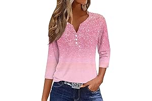 Button Up Style Womens 3/4 Sleeve T-shirt with Cuffed Sleeves