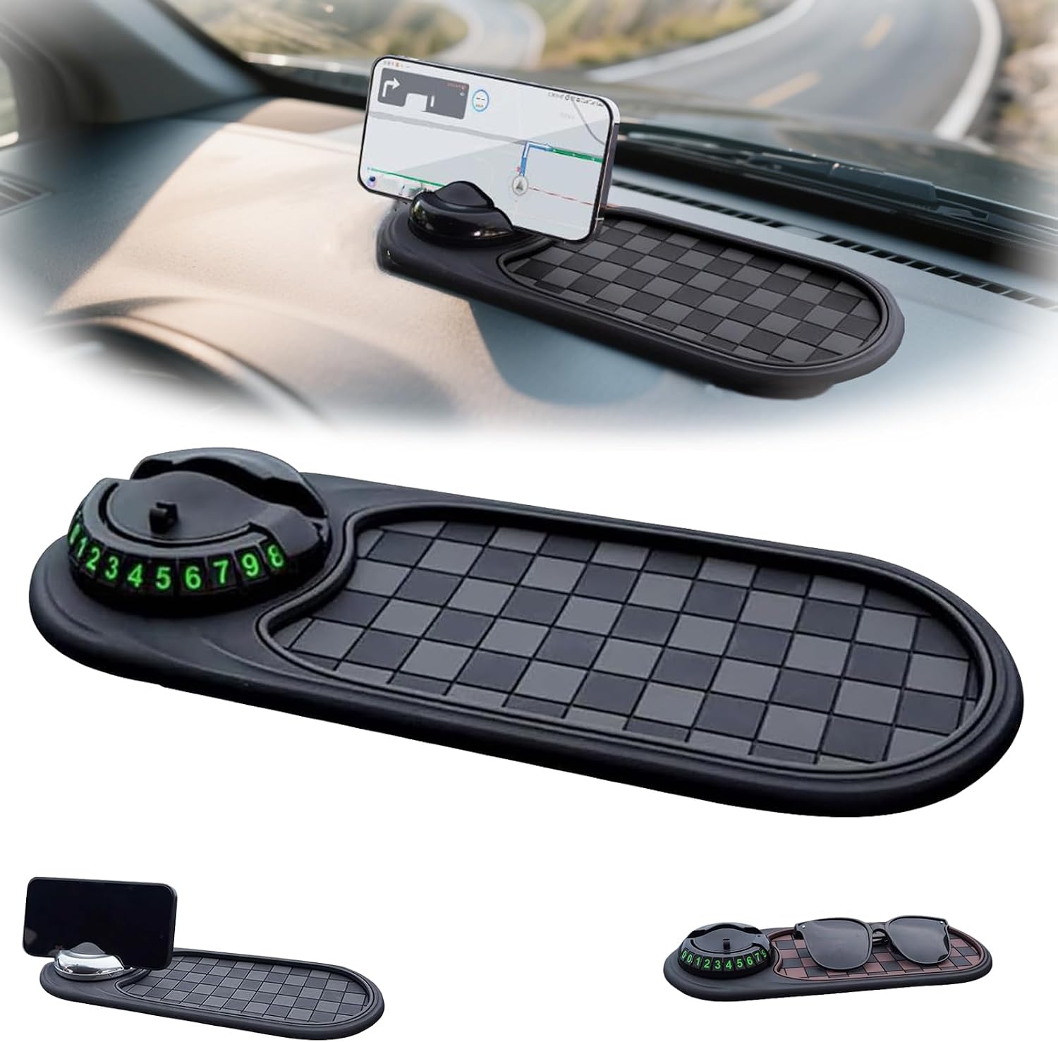 Multifunctional Car Anti-Slip Mat, Phone Holder, with 360° Rotating, Non-Slip Dashboard Organizer for Sunglasses, Gadgets (D)
