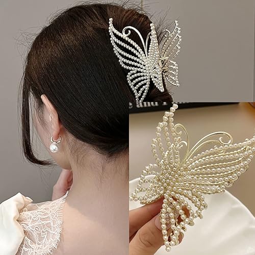 Miniatura 2 de Pinzas para el cabello con perlas de mariposa, pinzas grandes de metal dorado, agarre fuerte, antideslizantes, pasadores con incrustaciones de
