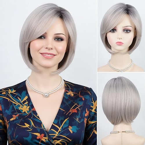 RENERSHOW Pelucas cortas estilo Bob gris para mujeres blancas, peluca Bob gris degradado con flequillo, cortes de pelo rectos, pelucas sintéticas