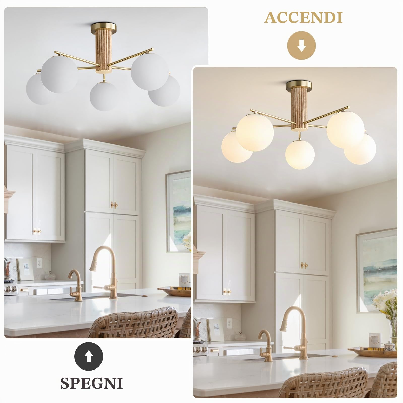 KCO Plafoniera Sputnik 5 Luci Mid-Century Moderna, Globi Vetro Bianco Latte Opaco, Legno Massello e Metallo Dorato, E27 Lampadine Incluse, Cucina Camera Soggiorno