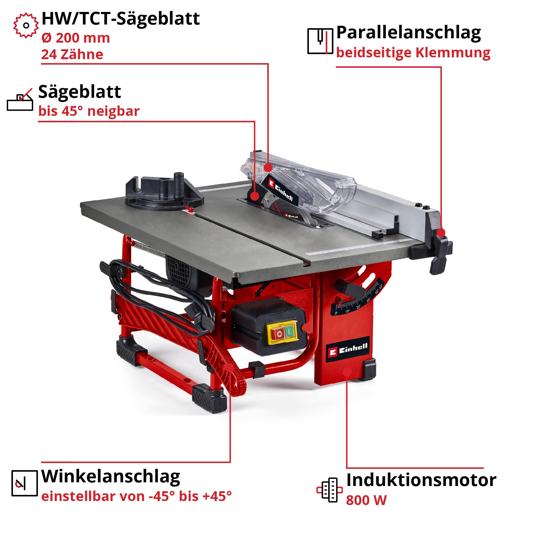 Einhell Tischkreissäge TC-TS 8 I (800 Watt, 45 mm Schnitthöhe, Ø 200 mm Sägeblatt, Winkelanschlag, Parallelanschlag, Absauganschluss, inkl. HW/TCT-Sägeblatt)